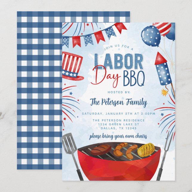 Invitation Parti du barbecue de la Fête du Travail patriotiqu (Devant / Derrière)