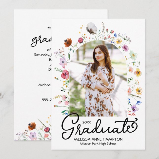 Invitation Parti fleur sauvage de la graduation photo (Devant / Derrière)