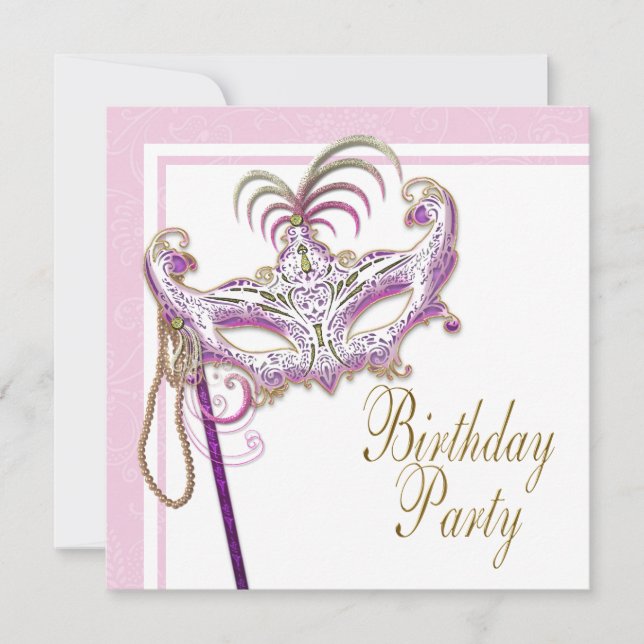 Invitation Parti mascarade de perle rose et or (Devant)
