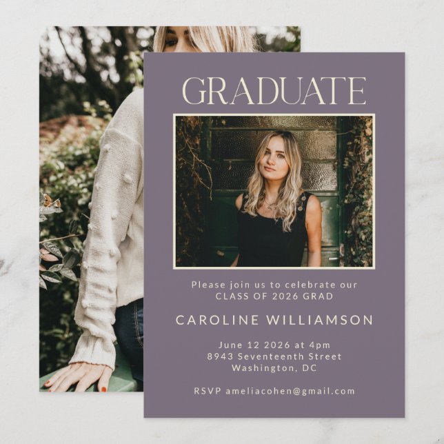 Invitation Parti moderne Dusty Purple Deux Photo Graduation (Devant / Derrière)