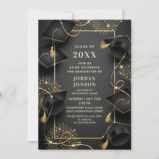 Invitation Parti moderne Golden Black Graduation (Devant)