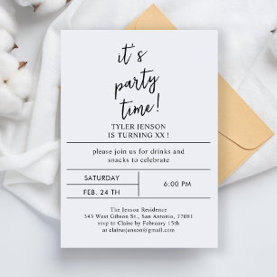 Invitation Parti moderne minimaliste Simple Noir Blanc Texte