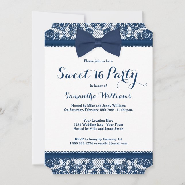 Invitation Parti Navy Blue and White Lace Bow Sweet 16 (Devant)