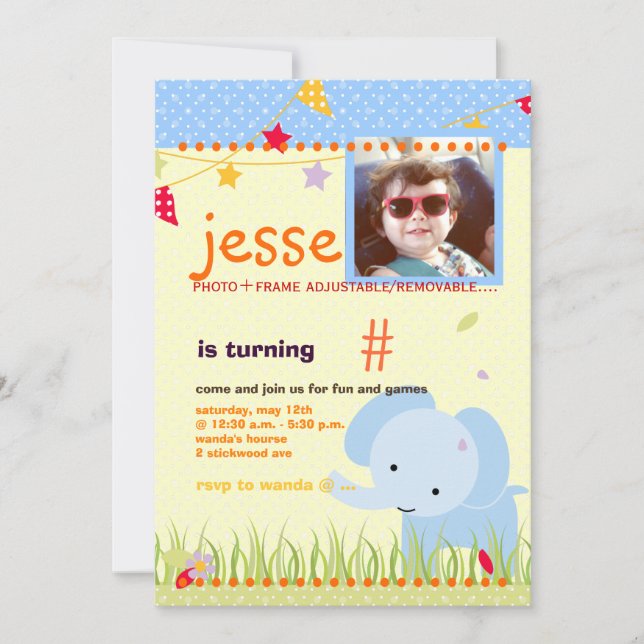 Invitation Parti personnalisé Blue Baby Elephant (Devant)