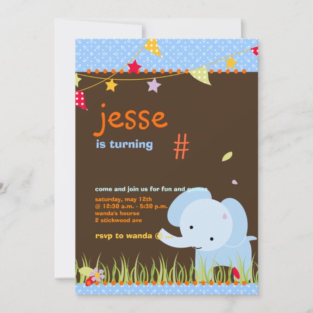 Invitation Parti personnalisé Blue Baby Elephant (Devant)