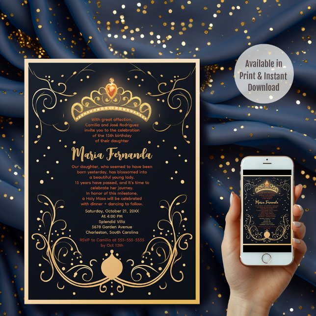 Invitation Parti Quinceañera de la Couronne Florale Marine et (Available in Print and Instant Download!)