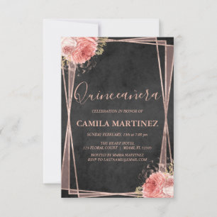 Invitation Parti Quinceanera d'or noir et Rose