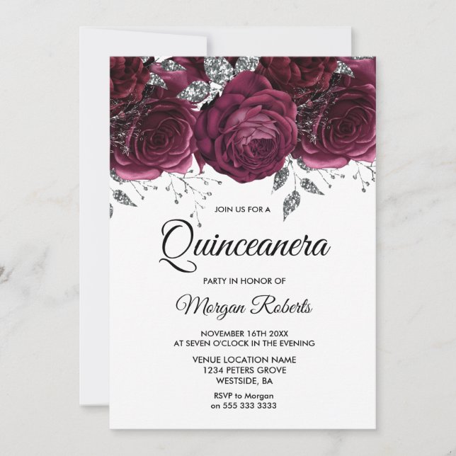 Invitation Parti Quinceanera Floral Argent Rose (Devant)