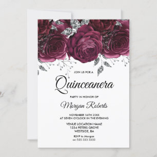 Invitation Parti Quinceanera Floral Argent Rose