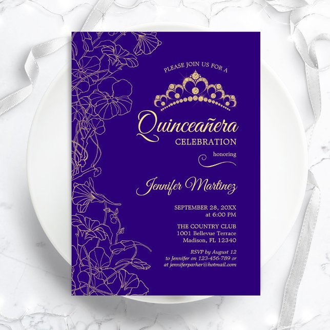 Invitation Parti Quinceanera Floral d'or violet (Créateur téléchargé)