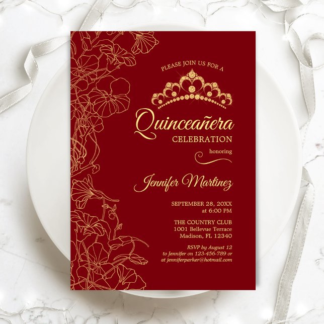 Invitation Parti Quinceanera Floral Or Rouge (Créateur téléchargé)