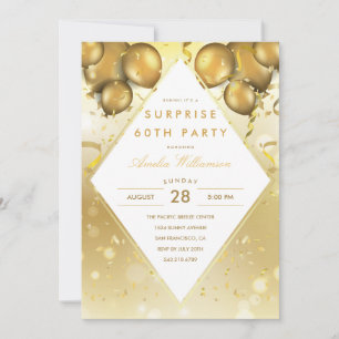 Invitation Parti surprise   Balloons en or glam & Confetti