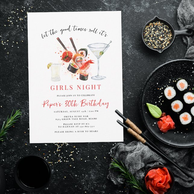 Invitation Parti Sushi | Fête de nuit des Filles de Rouleau à (Créateur téléchargé)