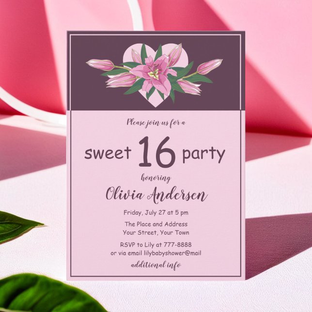 Invitation Parti Sweet sixteen rose en fleurs (Pink Blooming Lily Sweet Sixteen Party Invitation)