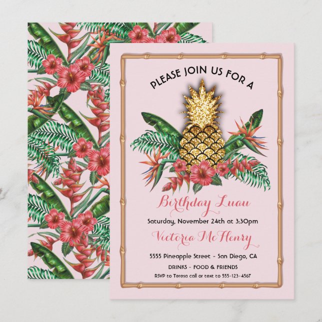 Invitation Parti Tropical Golden Pineapple Luau (Devant / Derrière)