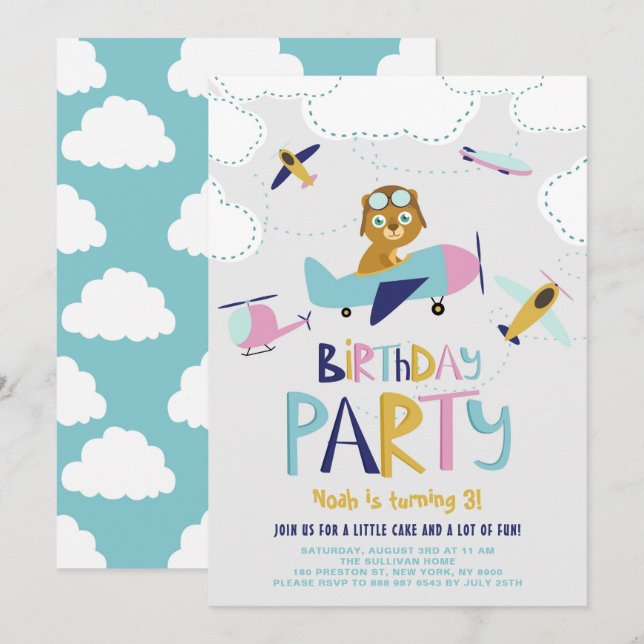 Invitation Partie Anniversaire de enfant du pilote de dessin  (Devant / Derrière)