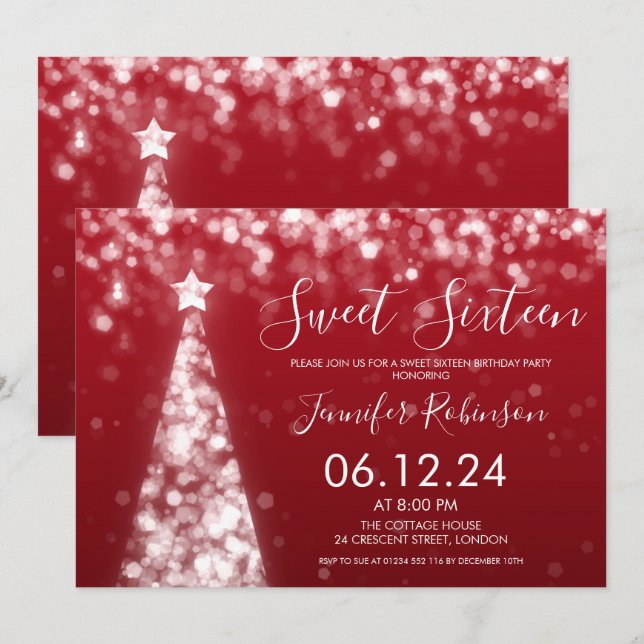 Invitation Partie argentée et rouge du bonbon 16 à Noël (Devant / Derrière)