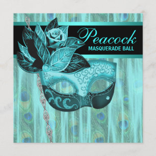 Invitation Partie bleue turquoise de mascarade de paon