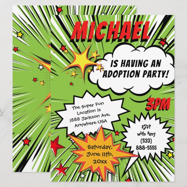 Invitation Partie d'adoption de bande dessinée de superhéros (Devant / Derrière)