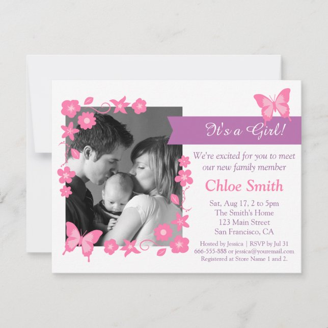 Invitation Partie de baby shower élégante de papillon de rose (Devant)