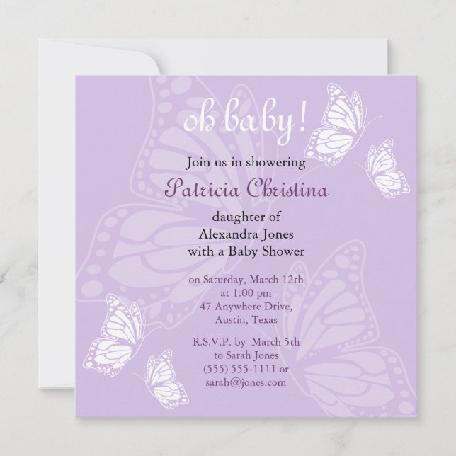 Invitation Partie de baby shower pourpre de papillon sensible (Devant)