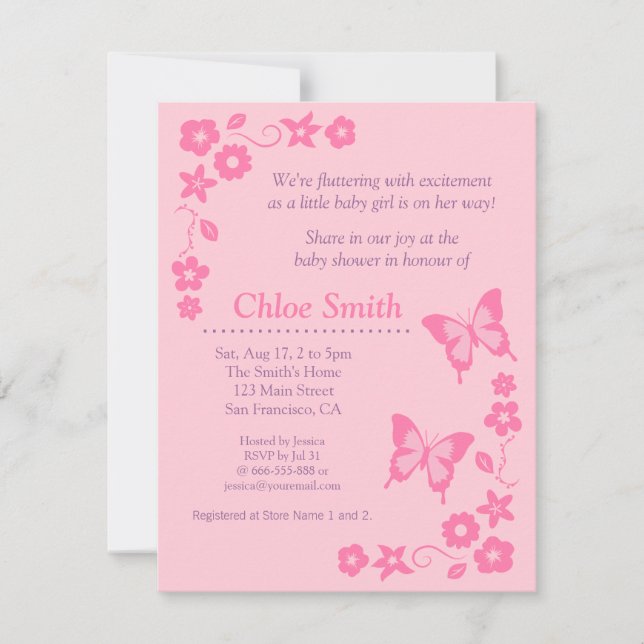 Invitation Partie de baby shower rose élégante de papillon (Devant)