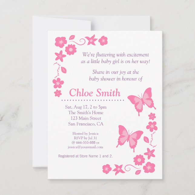 Invitation Partie de baby shower rose élégante de papillon (Devant)