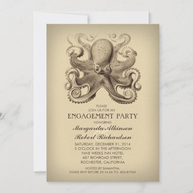 Invitation partie de fiançailles de plage nautique de poulpe (Devant)
