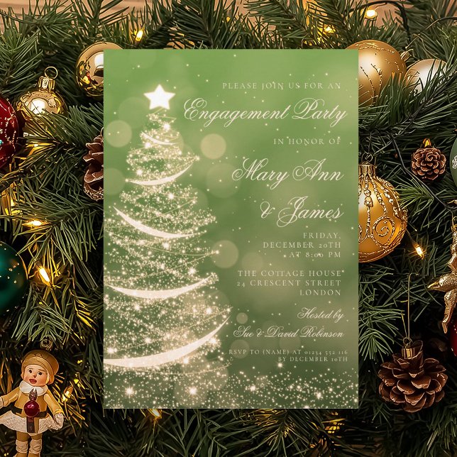 Invitation Partie de fiançailles élégante de Noël de vert et (Elegant Green & Gold Christmas Engagement Party Invitation)