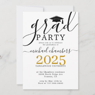 Invitation Partie de graduation Black Gold de Script moderne