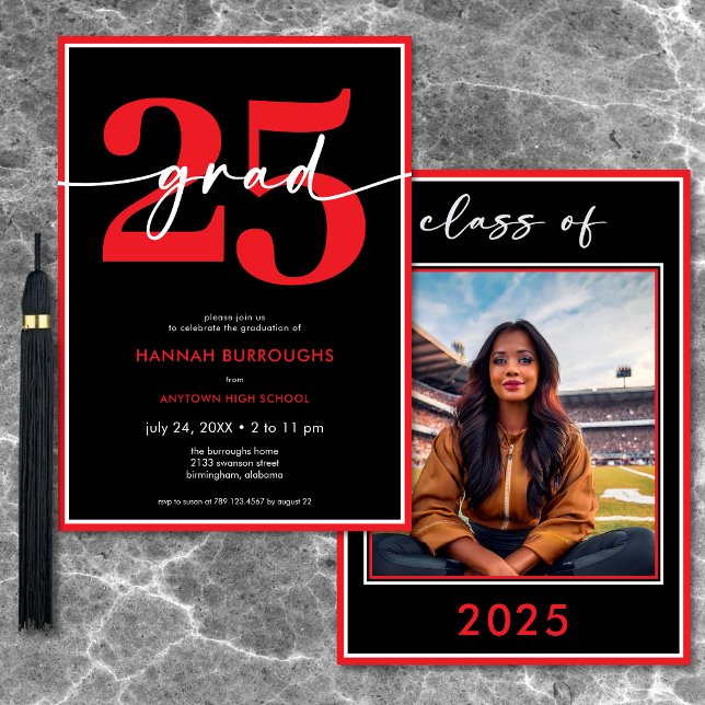 Invitation Partie de graduation minimale rouge moderne (Modern Minimal Red Script Graduation Party Invitation)