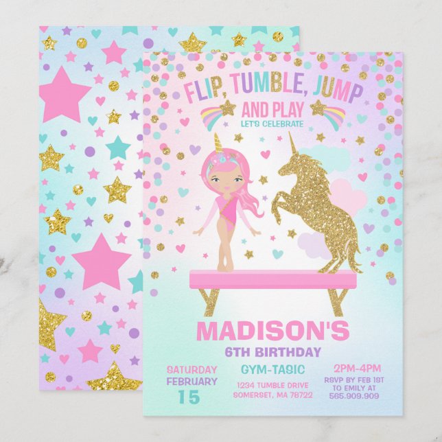 Invitation Partie de gymnastique de licorne d'invitation de (Devant / Derrière)