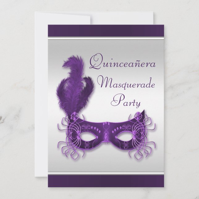 Invitation Partie de mascarade de Quinceañera en pourpre et (Devant)