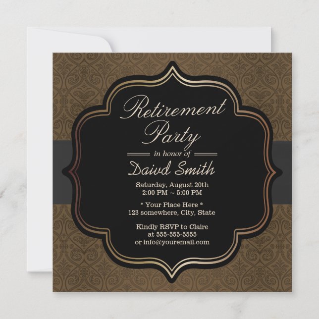 Invitation Partie de retraite Brown Damas Formal Black Ribbon (Devant)