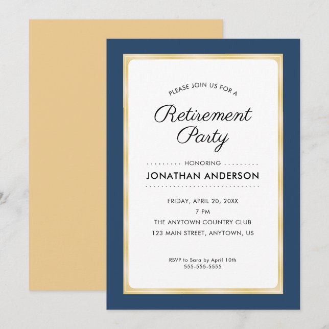Invitation Partie de retraite | Marine bleu et or (Devant / Derrière)