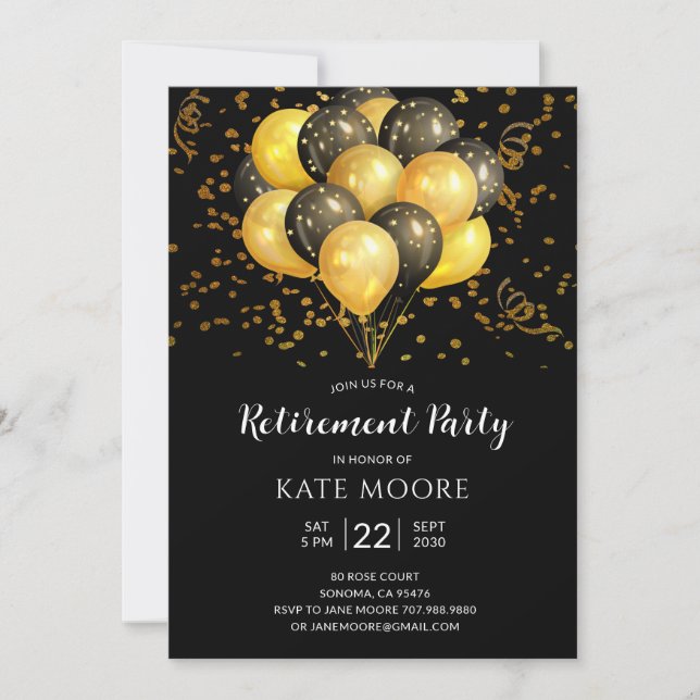Invitation Partie de retraite moderne Gold Black Ballons Noir (Devant)