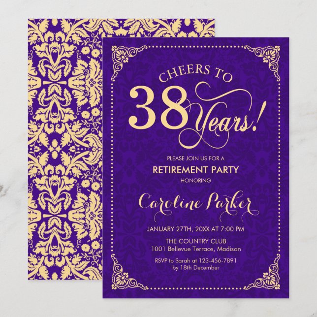 Invitation Partie de retraite - Purple Gold Damask (Devant / Derrière)