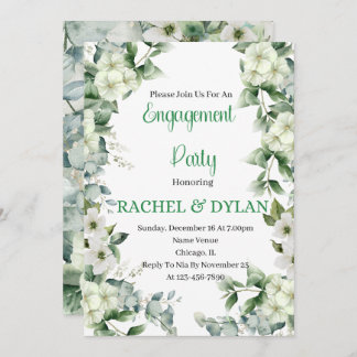 Invitation Partie d'engagement, Blanc, Vert, Fleurs Florales