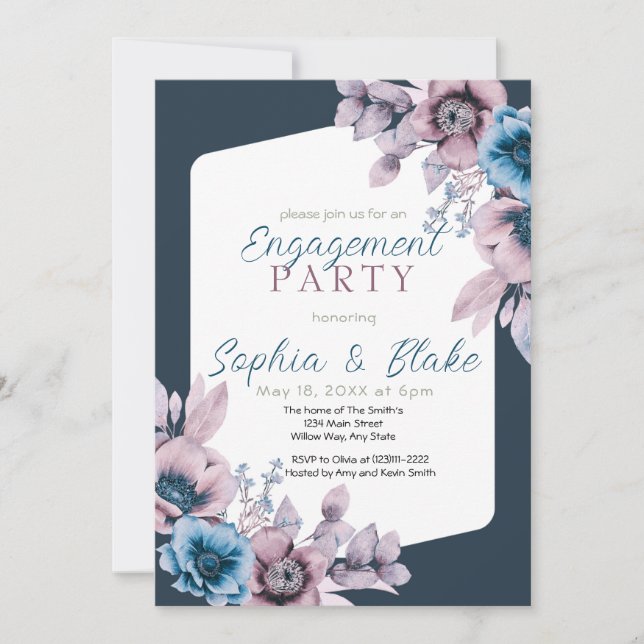 Invitation Partie d'engagement Blue and Purple Floral Grey (Devant)