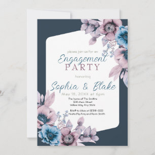 Invitation Partie d'engagement Blue and Purple Floral Grey