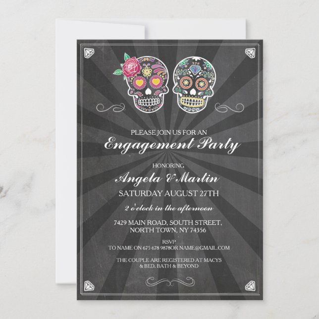 Invitation Partie d'engagement Chalk Sugar Skulls Couples Inv (Devant)