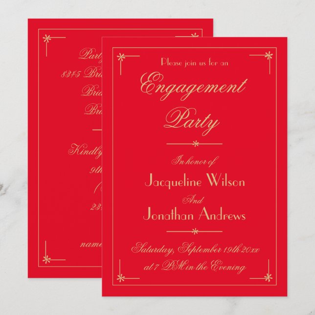 Invitation Partie d'engagement Chic Élégant Romantique Rouge  (Devant / Derrière)