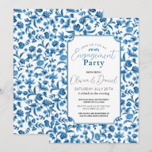Invitation Partie d'engagement Chintz Bleu et blanc Floral Di