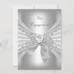 Invitation Partie d'engagement Coeur diamant Blanc Argent Bow