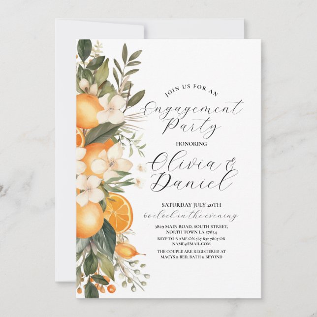 Invitation Partie d'engagement Couples Douche Oranges florale (Devant)