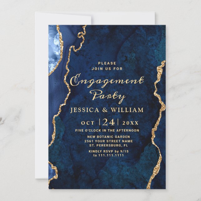 Invitation Partie d'engagement d'Agate en marbre bleu or mode (Devant)