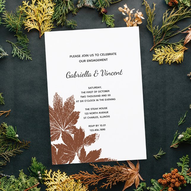 Invitation Partie d'engagement de la feuille d'automne Brown (Fall in Love with this woodland Autumn leaves engagement party invitation.)