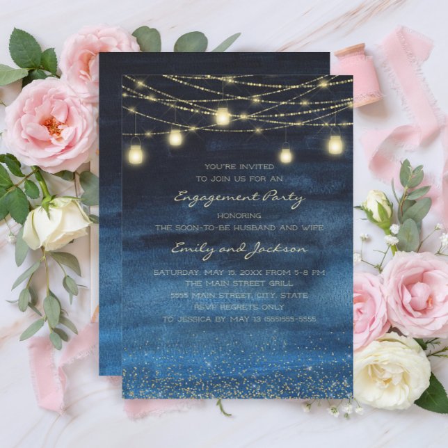Invitation Partie d'engagement de la Marine Blue Gold String (Navy blue and gold string lights engagement party invitation)