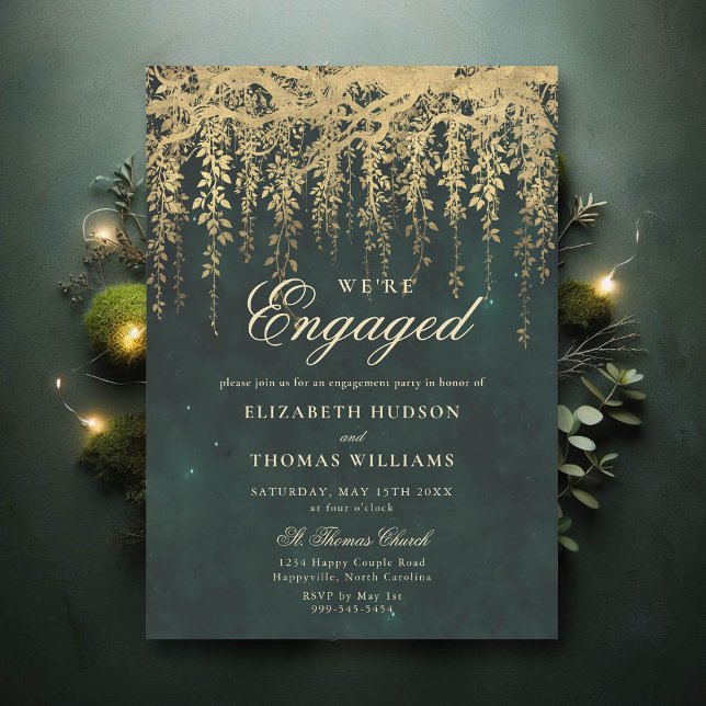 Invitation Partie d'engagement de l'Église d'or de la forêt e (engagement party invitation elegant enchanted forest fairytale gold vines calligraphy)