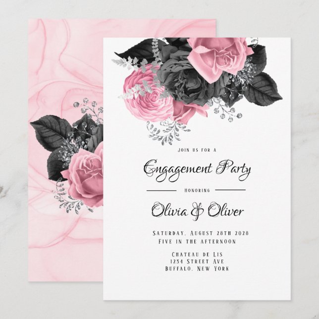 Invitation Partie d'engagement de luxe Pink Black Floral (Devant / Derrière)